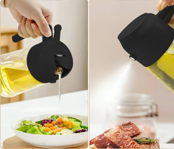 Pulvérisateur d´huile 2 en 1 Ce pulvérisateur d’huile 2 en 1 est conçu pour vous offrir une expérience pratique et polyvalente en cuisine. Il permet non seulement de pulvériser de l’huile d’olive en fine brume pour une couverture uniforme sur vos plats, mais aussi de verser l’huile facilement grâce à un bouchon ajustable.