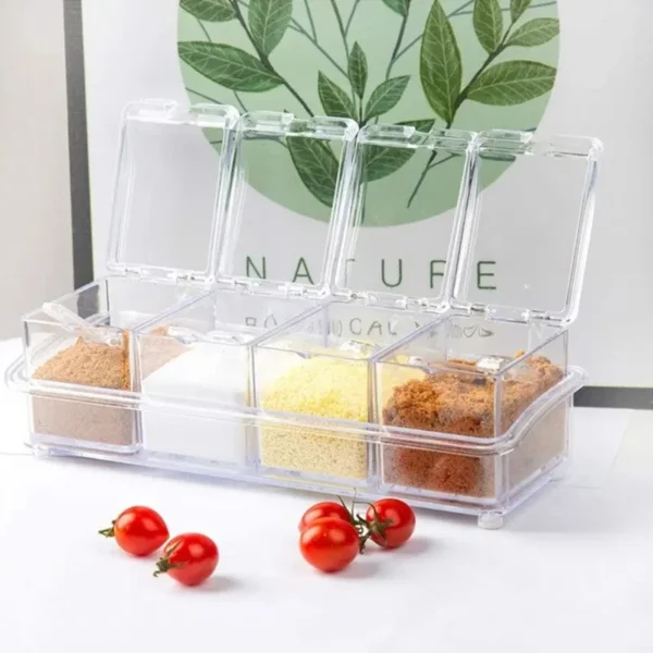 kf-Sdaa86f8bbe9341b59346996c7edb5157t Boîte d'assaisonnement transparente de cuisine, conteneur de stockage 4 pièces et cuillères